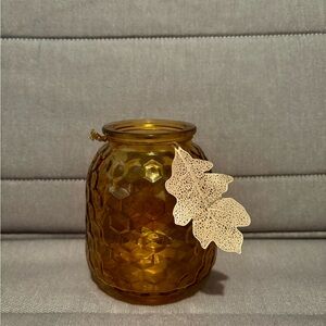 Amber Honeycomb Glass Jar with Leaf Accent Small Home Decor